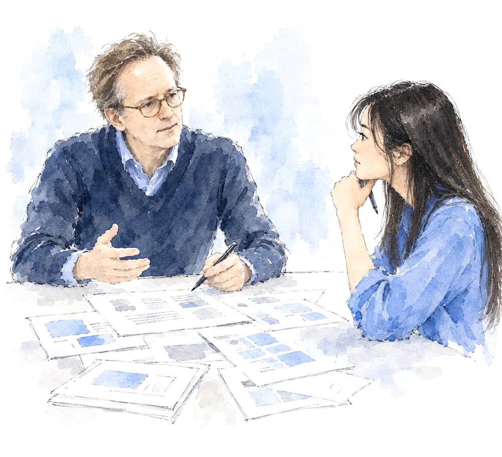 Robert and a student chatting at a table surrounded by papers