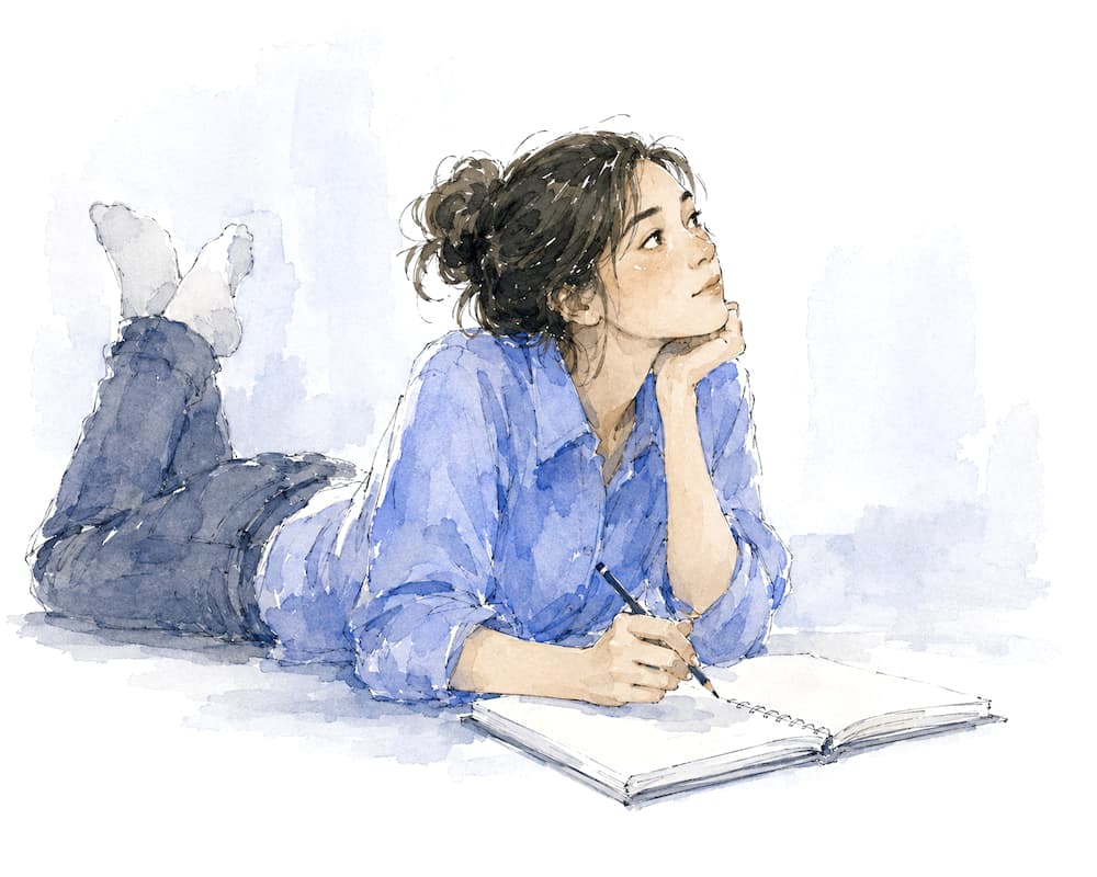 A student lying on her stomach thinking and staring into the distance.